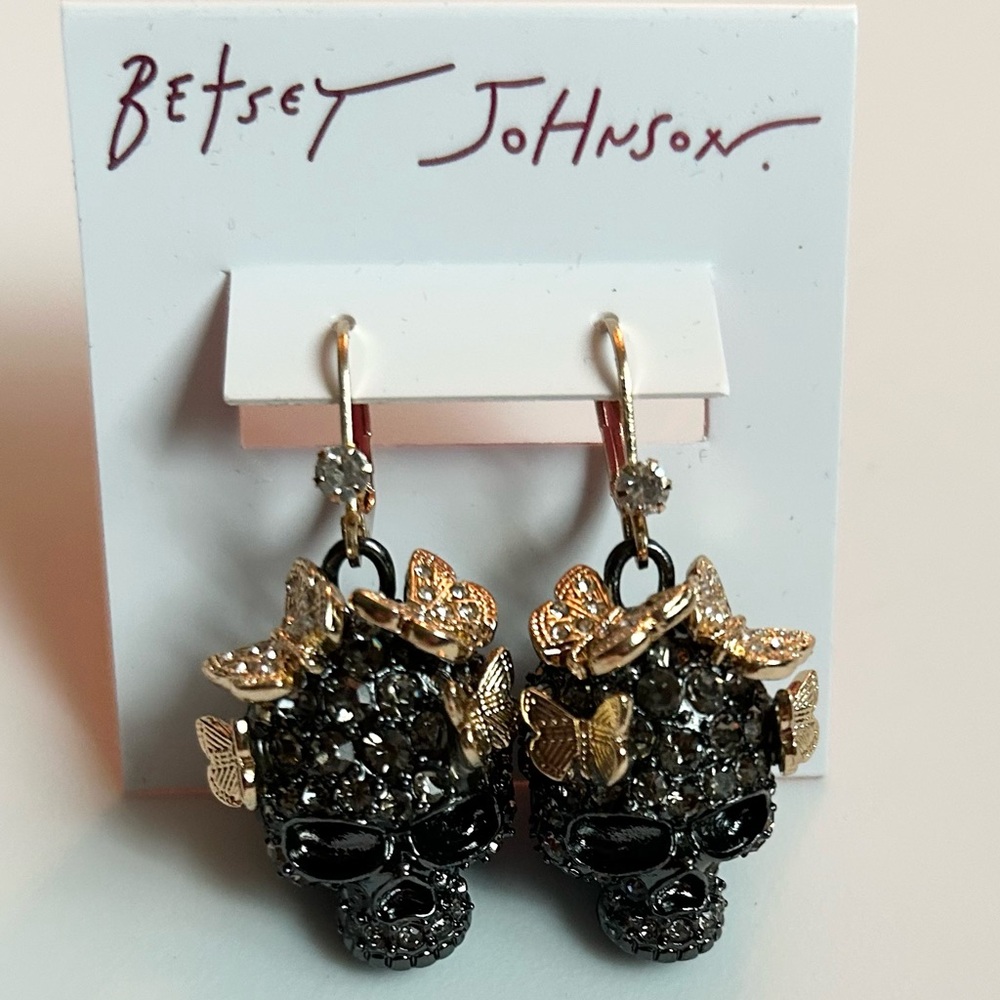 Betsey Johnson Pave Skull Dangle Earrings